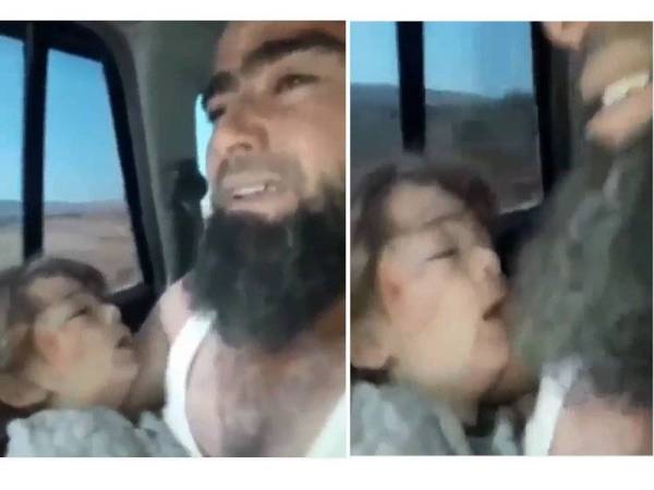 Tangkapan layar video yang menunjukkan seorang ayah berulang kali suruh anaknya menyebut nama ALLAH bagi memastikan dia sedar selepas kediaman mereka dibom.