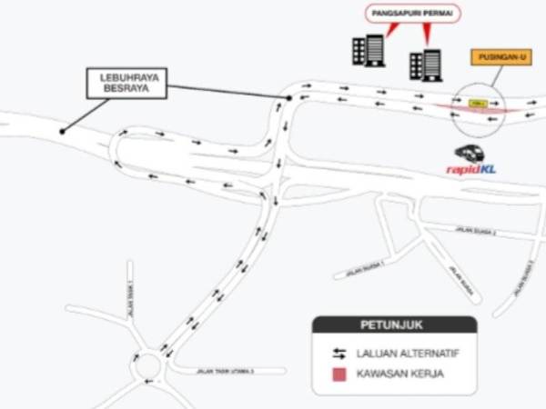 Pusingan U di KM8.4 Lebuhraya Besraya arah Seremban ditutup.