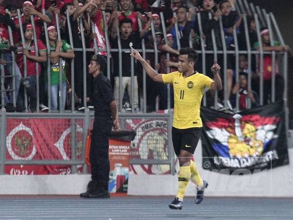 Pemain pasukan Malaysia Muhammad Safawi Rasid meraikan jaringan gol bagi pasukan Malaysia pada perlawanan kelayakan Piala Dunia 2022/Piala Asia 2023 ketika menentang Indonesia di Stadium Nasional Bukit Jalil hari ini.- Foto Sinar Harian ZAHID IZZANI