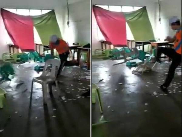 Tangkap layar video yang memaparkan tindakan pelajar merosakkan harta benda sekolah.