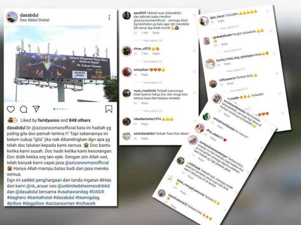 Perkongsian oleh Das Abdul di Instagramnya mengenai hadiah hari jadi kepada Azizan. Gambar kiri: Antara reaksi netizen yang menyaksikan kejutan itu turut kagum dengan hadiah paling ‘rare’ dan ‘besar’ sehingga mampu dilihat oleh mereka yang melalui lebuhraya tersebut.