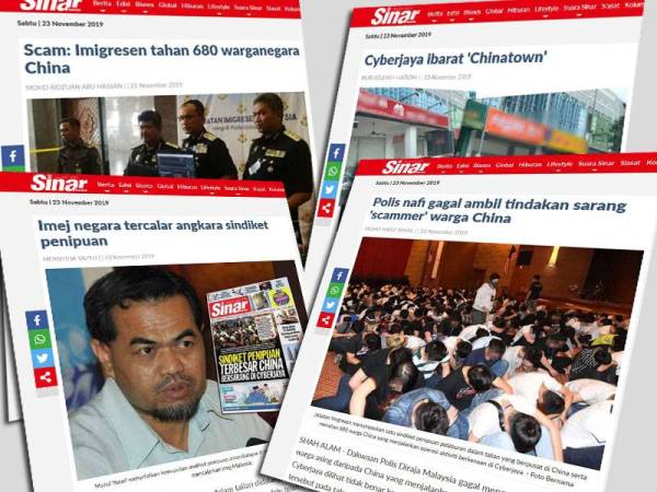 Laporan Sinar Harian berkaitan rangkaian sindiket jenayah rentas sempadan yang menggemparkan negara melibatkan rakyat China.