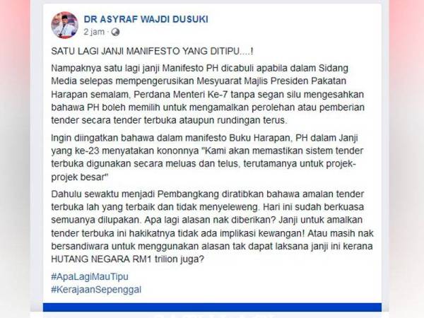 Kenyataan Asyraf Wajdi di Facebooknya.