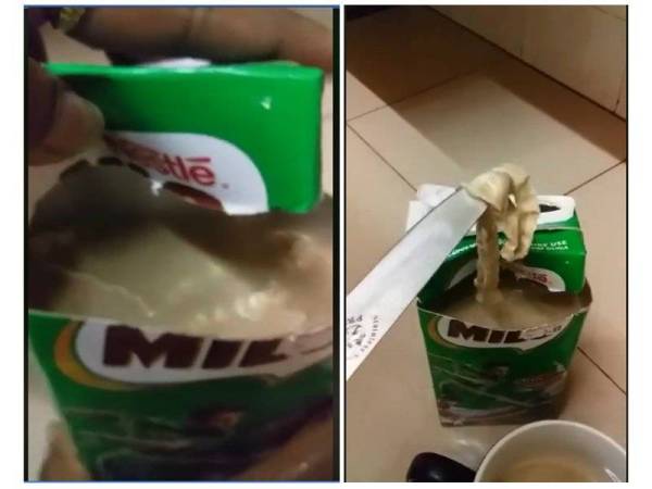 Tangkap layar video yang memaparkan satu kotak minuman Milo yang didakwa mengandungi usus babi.
