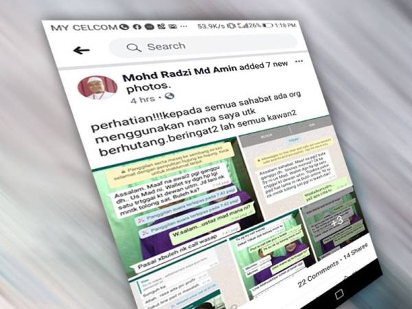 ADUN Pedu, Mohd Radzi Md Amin memuat naik status di Facebook meminta rakan-rakannya berhati-hati dengan individu yang menggunakan namanya untuk meminjam wang.