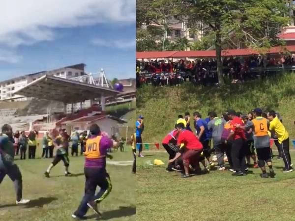 Tangkapan layar video yang memaparkan pensyarah lelaki bermain bola jaring sehingga membuatkan warga maya terhibut dengan gelagat mereka.