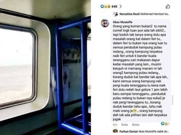 Laut bergelora membuatkan penumpang cemas tular di laman sosial. Gambar kiri:Tangkap layar komen netizen.