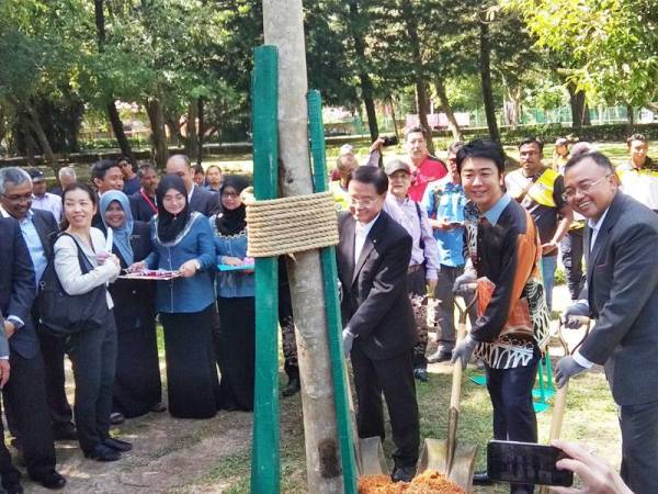 Ahmad Suaidi (kanan) dan Takashima turut menanam pokok tabebuia rosea di Taman Jepun sempena sambutan 30 tahun Bandar raya Berkembar Ipoh-Fukuoka.