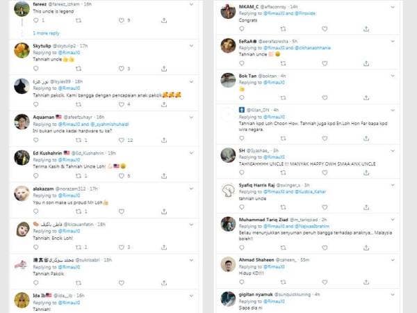 Antara reaksi netizen mengucapkan tahniah dengan Hon Far kerana mempunyai seorang anak yang cukup hebat dalam mengharumkan nama Malaysia.