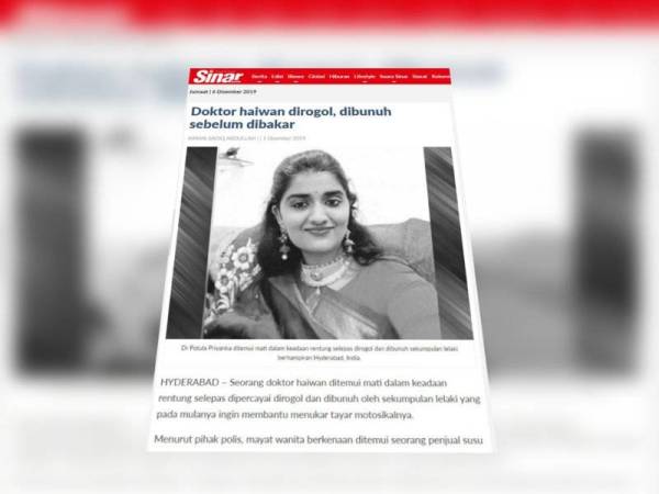 Laporan Sinar Harian berhubung kisah Priyanka Reddy hujung bulan lalu.