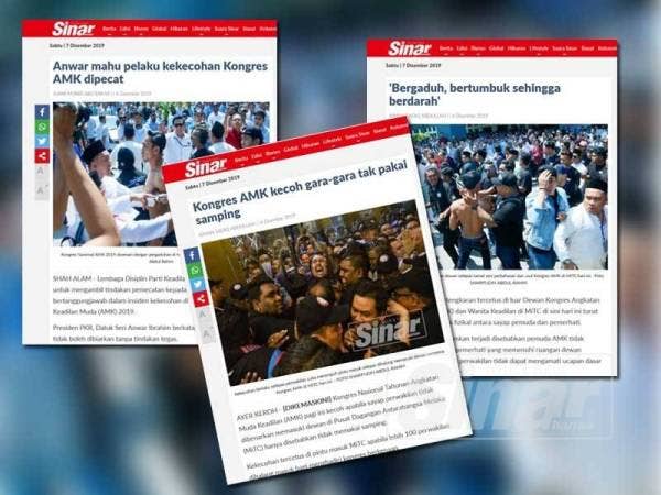 Laporan Sinar Harian berkaitan kekecohan yang berlaku dalam Kongres Nasional AMK 2019, semalam.