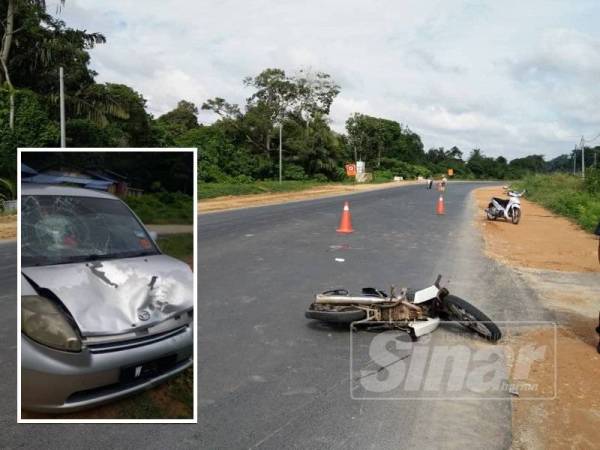 Keadaan motosikal yang ditunggangi warga emas terbabit. (Keadaan kereta Perodua Myvi yang terlibat dalam kemalangan itu.) - Foto Ihsan polis
