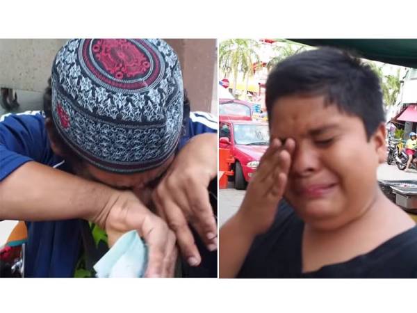 Tangkapan layar yang memaparkan Marzuki dan Danial yang sebak setelah Azfar membeli semua makanannya dan menghulurkan sumbangan kepada mereka berdua.