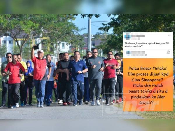 Adly (tengah) berjogging bersama Mohd Rafiq dan juga masyarakat DUN Paya Rumput ketika lawatan kerja di Taman Rekreasi Satu Krubong. (Tular di Facebook yang mengatakan Pulau Besar akan dijual kepada Singapura baru-baru ini.)