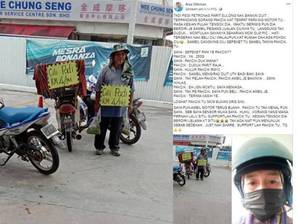 Gambar yang memaparkan seorang warga emas sedang menjual cili sambil berdiri di sebuah stesen minyak di Parit Raja. -Foto Facebook Aiza Othman