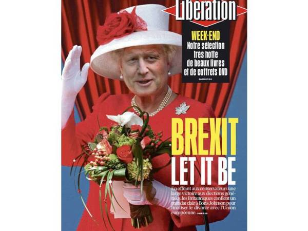 Wajah Johnson yang disunting seperti Ratu Elizabeth II menerusi muka depan akhbar Liberation di Perancis semalam. - Foto Agensi