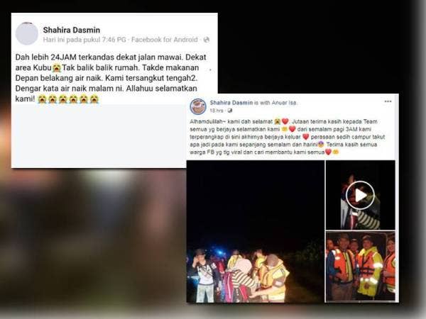 Tular di media sosial pasangan suami isteri dan bayi terperangkap akibat banjir di Jalan Mawai sejak semalam.