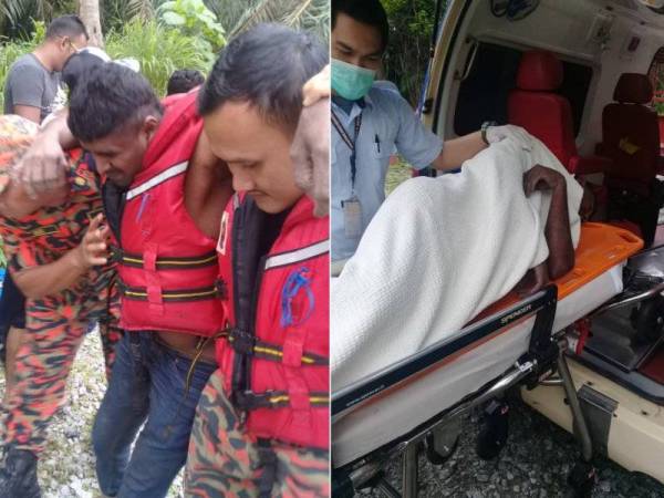 Anggota bomba mengangkat mangsa sebelum diserahkan kepada pihak perubatan. (Kanan: Mangsa diberi rawatan oleh pihak perubatan.)