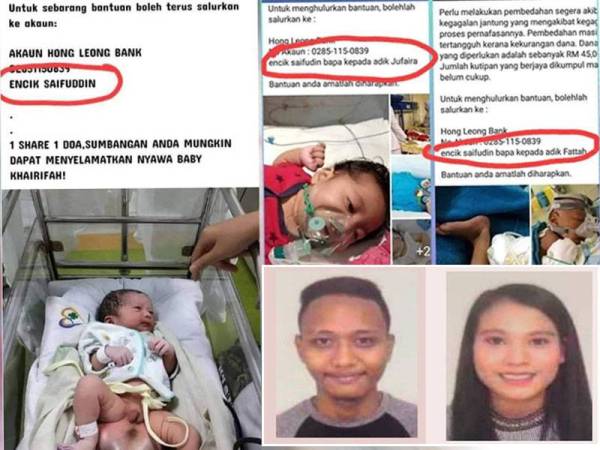 Suspek menggunakan nama Saiffudin dikesan memuat naik gambar bayi dan kanak-kanak yang menghidap penyakit kronik untuk meminta sumbangan.