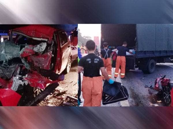 Kereta Perodua Myvi remuk selepas kenderaan dinaiki lima sekeluarga maut dalam kemalangan di Kilometer 427.5 Lebuhraya Utara Selatan, di Kuala Kubu Bharu hari ini.