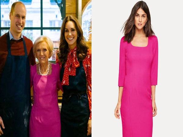 BERRY (tengah) diapit Price William (kiri) dan Kate Middleton membuktikan wanita berusia emas juga ideal menggayakan busana jenama Damsel in a Dress merah jambu. Foto: www.hellomagazine.com