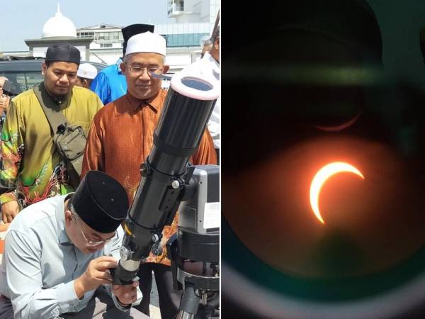 Setiausaha Kerajaan Negeri Perak, Datuk Ahmad Suaidi Abdul Rahim turut meluangkan masa menyaksikan fenomena gerhana matahari di pekarangan Masjid Negeri. Gambar kanan: Gerhana matahari separa yang dapat dilihat daripada teleskop.