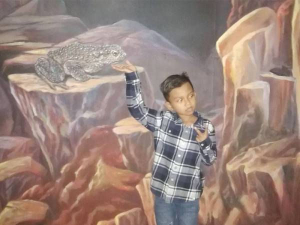 Seorang kanak-kanak bergambar bersama lukisan seekor katak.