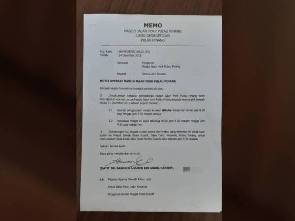 Notis had operasi yang dikeluarkan Pengerusi Masjid Jalan York.