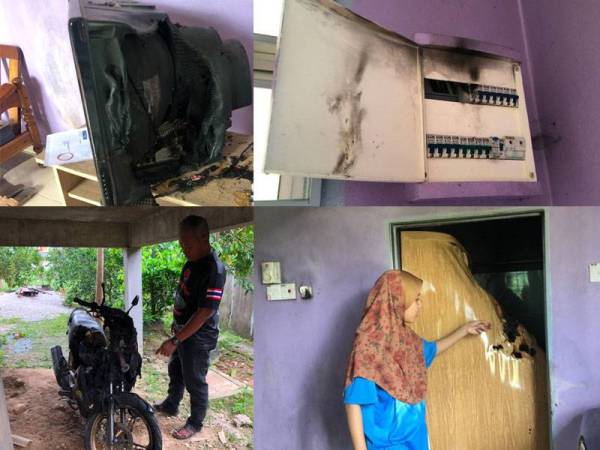 Televisyen, kotak fius elektrik, motosikal dan pintu bilik air yang terbakar tiba-tiba malam tadi. Wan Nor Fatihah menunjukkan pintu bilik air dalam bilik utama yang terbakar di rumah keluarga itu secara tiba-tiba.