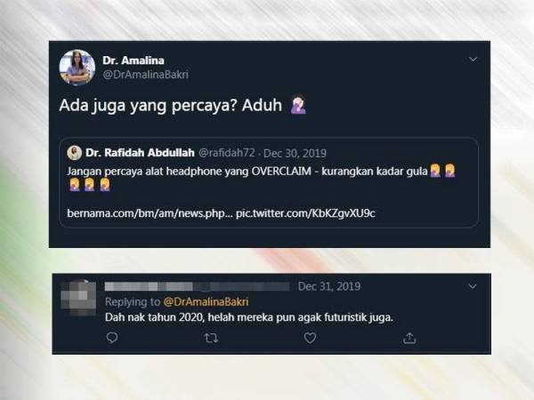 Paparan Twitter Dr Nur Amalina menciap status Dr Rafidah Abdullah yang menegaskan jangan percaya kepada alat tersebut sebelum memuat naik di Twitternya.