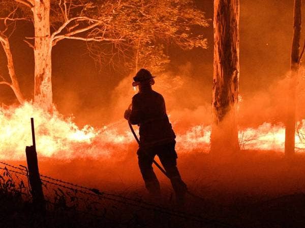 Seorang anggota bomba berrtungkus lumus memadamkan api berhampiran bandar Nowra di NSW. - Foto AFP