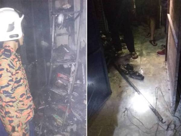 Anggota JBPM memantau lokasi kebakaran selepas api dipadamkan. Gambar kanan: Stor berkenaan musnah 20 peratus dalam kejadian pagi tadi. - Foto: Ihsan JBPM KL