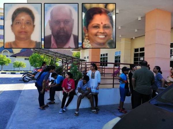 Suasana pilu menyelubungi pekarangan Jabatan Forwnsik HRPB, pagi tadi. Gambar kecil: S Thavamalar, K Mahindren dan K Aruna