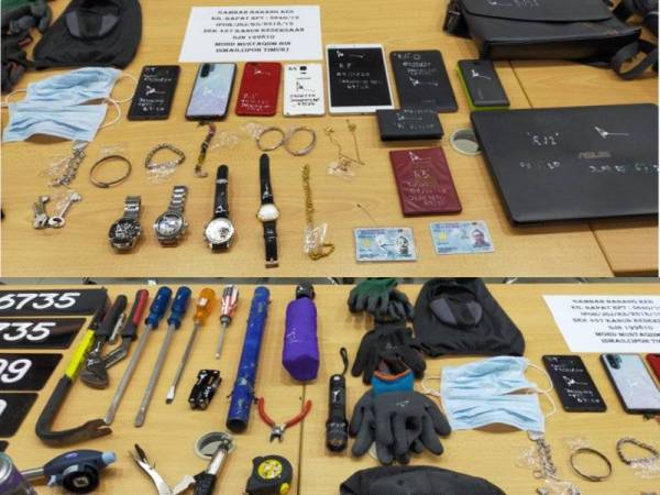 Barangan yang dirampas daripada suspek. (Bawah: Peralatan memecah masuk rumah turut dirampas daripada suspek.)