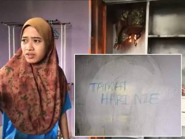 Wan Nor Fatihah menunjukkan kebakaran yang berlaku pada 30 Disember lalu sebelum berhenti sejak tiga hari kebelakangan ini. Gambar kecil: Tulisan yang didakwa ditulis makhluk ghaib yang mengekori Wan Nor Fatihah dan keluarganya dengan kejadian api misteri.