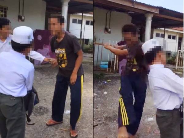 Tangkapan layar video yang memaparkan tindakan seorang lelaki membuli beberapa pelajar.