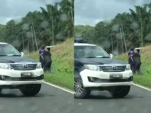 Tangkap layar daripada video tular penunggang motosikal dipukul individu dipercayai pegawai JPJ.