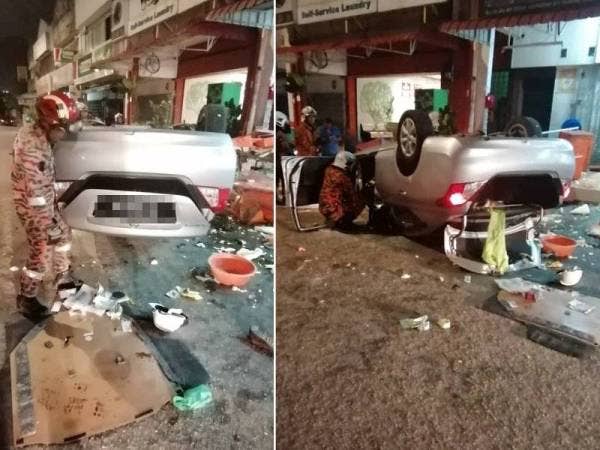 Keadaan kereta yang merempuh meja makan di sebuah restoran di Taman Desa Harmoni pagi tadi.