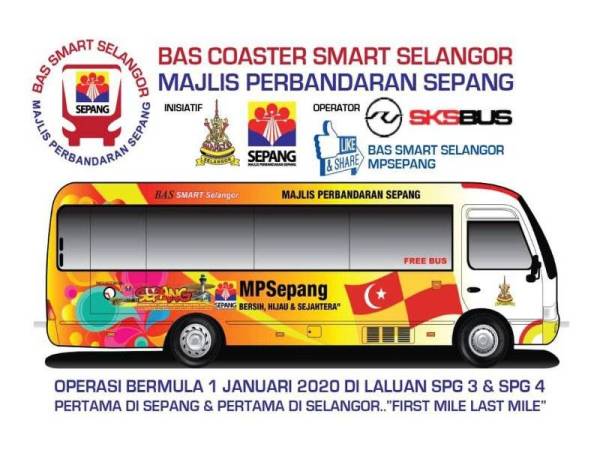 Hebahan bas percuma 'Bas Coaster Smart Selangor' yang mula beroperasi sejak 1 Januari lalu. - Foto FB MPSepang.