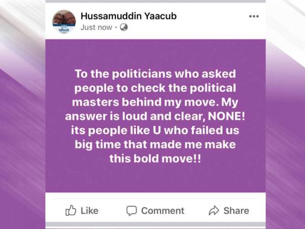 Hantaran yang dimuat naik Hussamuddin mengenai kempen Uninstall Hatred: Reboot Malaysia & Global Harmony di laman Facebook kelmarin.