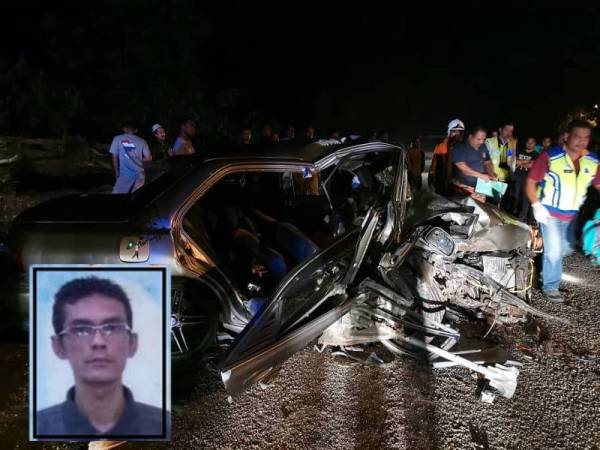 Keadaan kereta dinaiki tiga mangsa remuk selepas terbabit kemalangan di Jalan Tasik Puteri, Bukit Besi semalam. Gambar kecil; Mohd Asmawi - Foto ihsan IPD Dungun