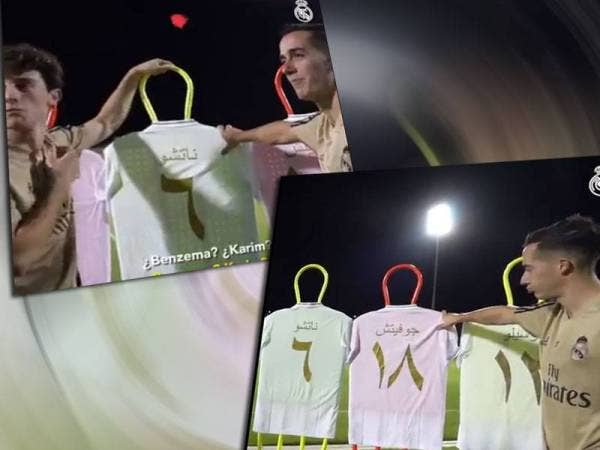 Tangkapan layar video memaparkan pemain pasukan Real Madrid sedang mencari mana satu jersi mereka dalam tulisan jawi.
