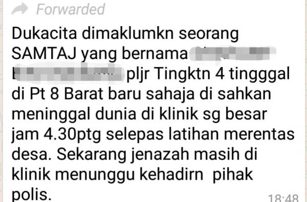 Tular paparan mesej (screenshot) aplikasi WhatsApp berhubung kematian seorang pelajar tingkatan 4 SAMTAJ Sungai Besar, semalam.

