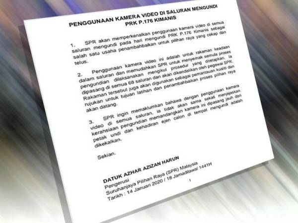 Kenyataan media SPR berhubung penggunaan kamera video di semua saluran mengundi pada hari pengundian di Pilihan Raya Kecil (PRK) Kimanis, Sabtu ini.