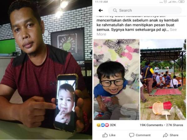 Mohd Esmadi menunjukkah gambar Dayyan (kiri) dan Status yang dimuat naik Mohd Esmadi dan kini mendapat 27,000 perkongsian di Facebook