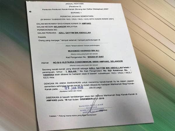 Surat kelulusan hak penjagaan sementara selama sebulan yang telah diperolehi oleh Muhamad Haswadi.