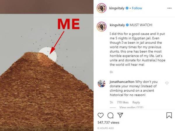 Zdorovetskiy memuat naik video aksinya memanjat Piramid Giza di Instagram selepas dipenjara selama lima hari di Mesir.