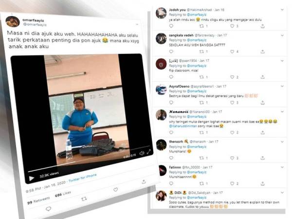 Tangkap layar video yang memaparkan seorang murid mengajuk cara gurunya mengajar subjek Prinsip Perakaunan menggunakan loghat utara di hadapan rakan-rakannya mencuit hati netizen.