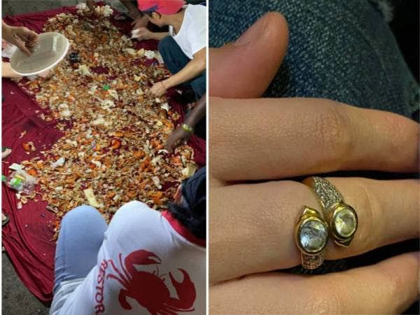 Kegigihan pekerja mencari cincin milik pelanggannya dalam sisa makanan tular di laman sosial. - Foto Facebook Daryl William Bridger