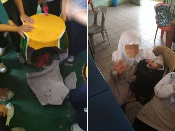 Keadaan bangku yang dipecahkan murid Tahun Satu itu. Gambar kanan: Keadaan anak perempuan lelaki itu yang berpakaian sekolah comot dan tudung tidak terurus.